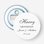 Trauzeuge Script für den benutzerdefinierten Flasc Flaschenöffner<br><div class="desc">Dieser klassische und traditionelle Knopfflaschenöffner mit dem Wort Trauzeuge (das für jedes Hochzeitsmitglied individuell anpassbar ist), dem Namen des Trauzeugen in einem Skript-Schriftart, den Namen der Braut und des Bräutigams und ihrem Hochzeitstermin wäre perfekt für Ihre Trauzeugen. Sie wären großartig, wenn sie am Wochenende Ihres Junggesellen, bei Ihrer Junggesellen-Party, selbst...</div>