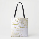 Trauzeugin Elegante Wedding Tote Bag Gold Weiß Tasche<br><div class="desc">Diese Trauzeugin Tote Taschen sind als Favoriten oder Geschenke für Ihre Trauzeugin. Große Beutel zum Füllen mit Gefallen und Geschenken. Koordiniert mit unserer Gold Foil Elegant Wedding Suite und ist vollständig anpassbar. Einfaches Design beinhaltet goldene Skripttexte mit einem Blumenrand über einem weißen Hintergrund. Der gesamte Text ist anpassbar und Sie...</div>