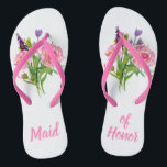 Trauzeugin Floral Bouquet Hochzeit Flip Flops Badesandalen<br><div class="desc">Hübsche Rosa-Weiß-Trauzeugin Flip Flops mit Grafiken von Aquarellblütenbouquets auf jedem Slipper. Trauzeugin in rosa Text ist vollständig anpassbar,  um Ihre Bedürfnisse Anzug.</div>