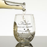 Trauzeugin Personalisierte Hochzeitsfeier Weinglas Ohne Stiel<br><div class="desc">Trauzeugin Personalisiert Name Wedding Party Stemless Wedding Brille zeigt Ihren Trauzeugin-Namen mit den Namen der Brautpaare und Hochzeitstag mit einem kleinen Liebe Herz. Maßgeschneidert für Ihre Brautmädchen. Designed by ©2024 Evco Studio www.zazzle.com/store/evcostudio</div>