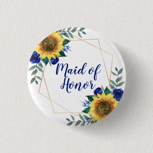 Trauzeugin Sonnenblume Geometric Blue Floral Button (Vorderseite)