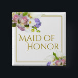 Trauzeugin Spring Floral Bouquet Wedding Button<br><div class="desc">Diese Trauzeugin-Taste ist ein tolles Geschenk oder ein Gefallen für das ganz besondere Mitglied Ihrer Hochzeitsfeier und eignet sich hervorragend für sie zum Brautparty oder Probe Dinner. Es zeichnet sich durch ein elegantes Design mit einer goldenen Grenze und einem Blumenstrauß aus dem Frühling aus, darunter rosa Rosen, Calla Lilien und...</div>