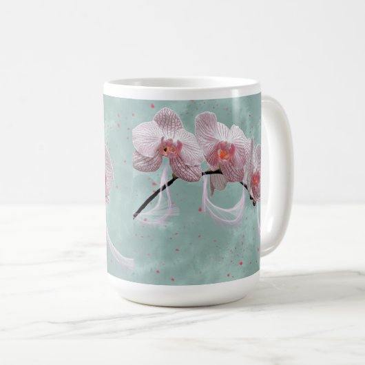 Trauzeugin Tasse Rosa Orchideen Grüner Hintergrund (VorderseiteRechts)