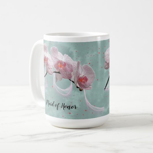 Trauzeugin Tasse Rosa Orchideen Grüner Hintergrund (Vorderseite Links)