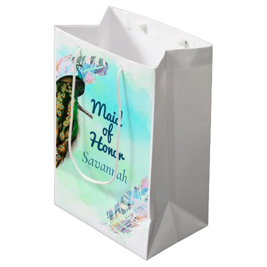 Trauzeugin Vintag Pfauenfavorit Mittlere Geschenktüte (Vorderseite Schrägansicht)