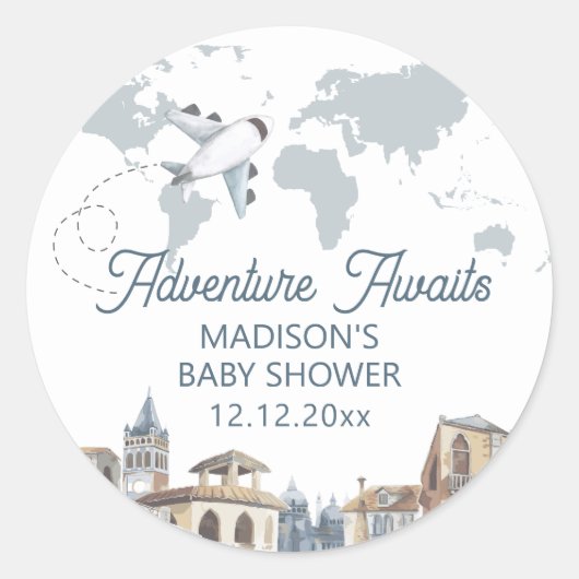 Travel Adventure World Map Airplane Baby Shower  Runder Aufkleber (Vorderseite)