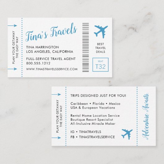 Travel Agent Blue Mini Boarding Pass Visitenkarte (Vorne/Hinten)