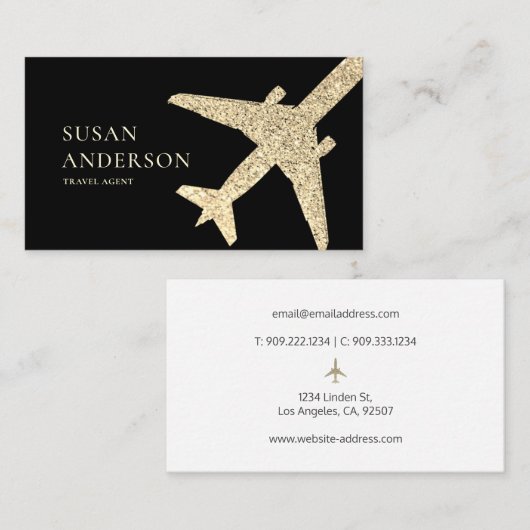 Travel Agent Imitats Gold Glitzer Flugzeug Visitenkarte (Vorne/Hinten)
