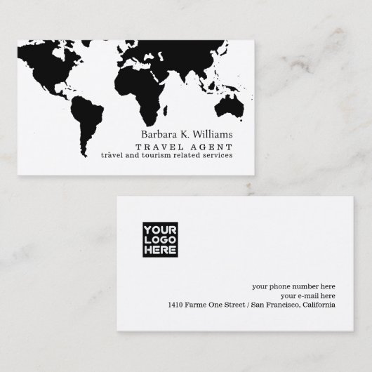 Travel Agent Modern Black White Business Card Visitenkarte (Vorne/Hinten)