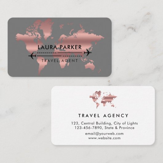 Travel Agent World Map Rose Gold Visitenkarte (Vorne/Hinten)