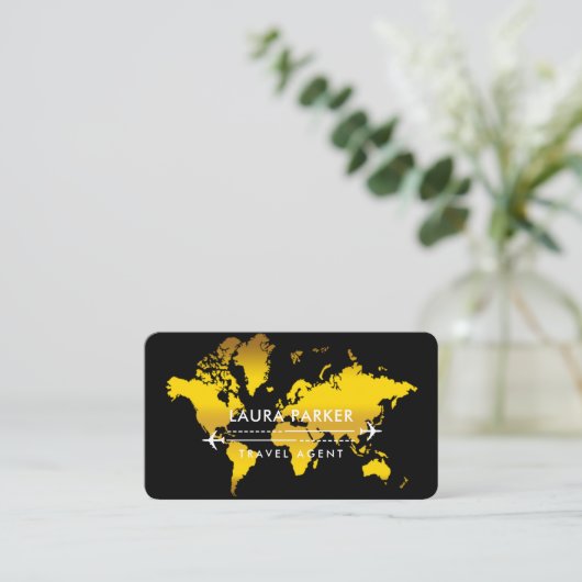 Travel Agent World Map Vacation Gold Glitzer Busi Visitenkarte (Stehend Vorderseite)