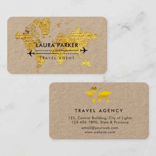 Travel Agent World Map Vacation Gold Glitzer Busin Visitenkarte (Vorne/Hinten)
