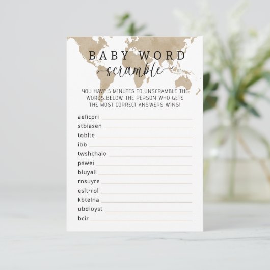 Travel Baby Shower Word Scramble Game Begleitkarte (Stehend Vorderseite)