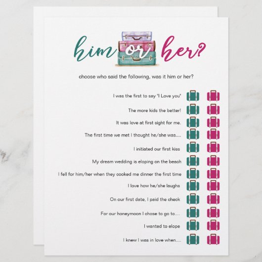 Travel Brautparty Game // Pink Aquamarin Ihm oder (Vorne/Hinten)