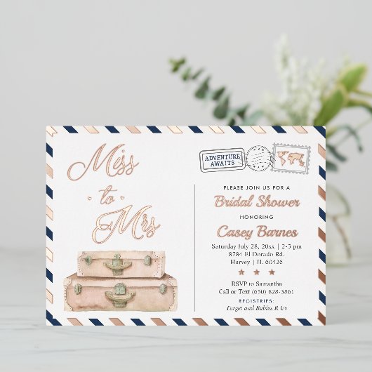 Travel Brautparty, Miss to Mrs Navy Rose Gold Folieneinladung (Stehend vorne)