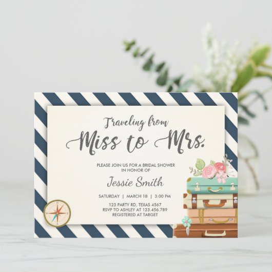 Travel Bridal Dusche Einladung Miss an Mrs. Navy (Stehend Vorderseite)