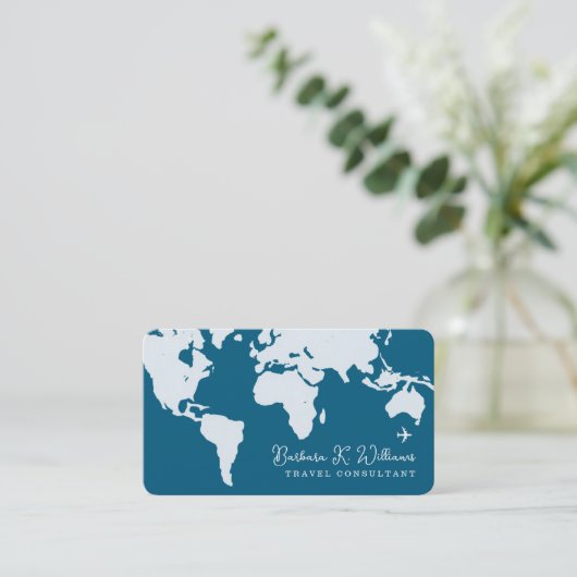 Travel Consultant Weltkarte blau Visitenkarte (Stehend Vorderseite)
