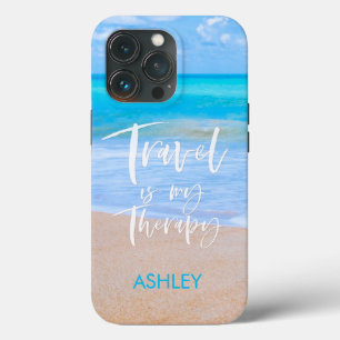 TRAVEL IS MY THERAPY White Quote Name Beach Case-Mate iPhone Hülle