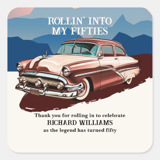 Travel Retro Classic Car Theme 50th Birthday Quadratischer Aufkleber (Vorderseite)