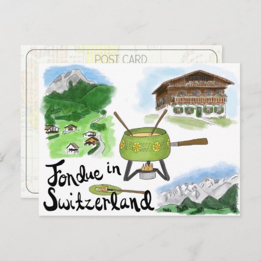 Travel Sketch Postcard: Fondue in Switzerland Postkarte (Vorne/Hinten)