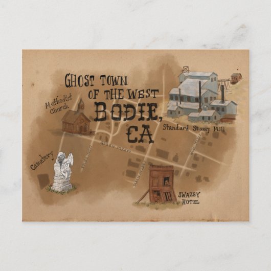 Travel Sketch Postcard: Ghost Town of Bodie CA Postkarte (Vorderseite)