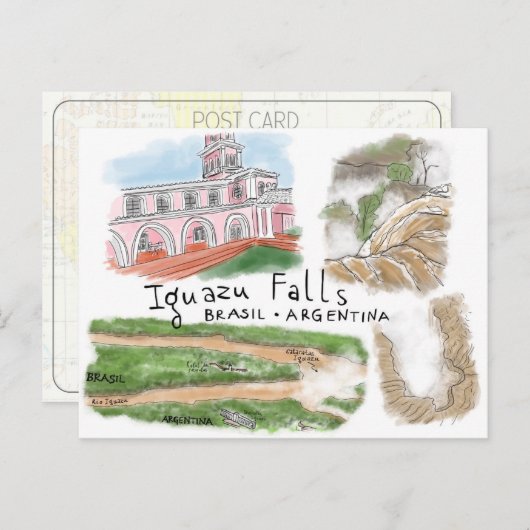 Travel Sketch Postcard: Iguazu Falls, Brasilien Postkarte (Vorne/Hinten)