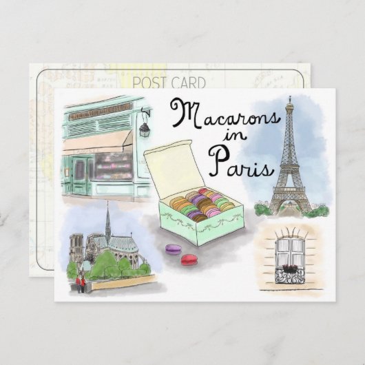 Travel Sketch Postcard: Macarons in Paris Frankrei Postkarte (Vorne/Hinten)