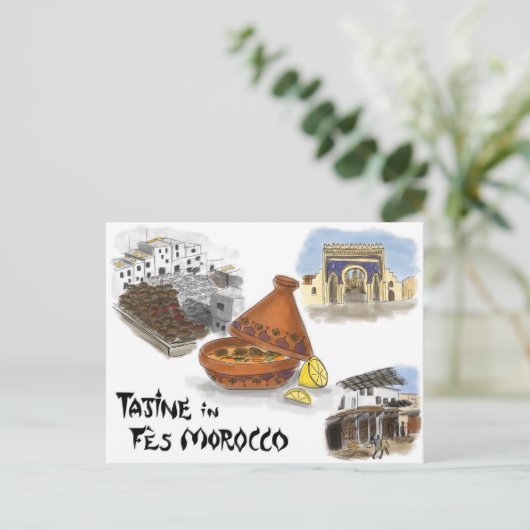 Travel Sketch Postcard: Tajine in Fes, Marokko Postkarte (Stehend Vorderseite)