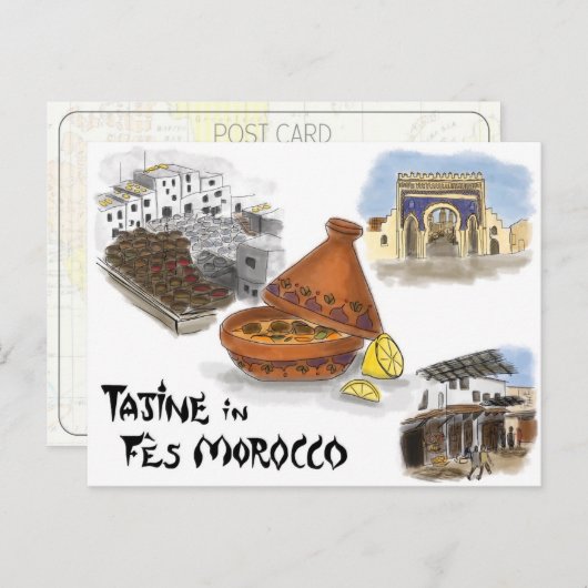 Travel Sketch Postcard: Tajine in Fes, Marokko Postkarte (Vorne/Hinten)