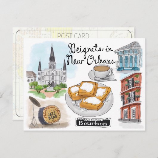 Travel Sketch Postkarte: Beignets in New Orleans Postkarte (Vorne/Hinten)