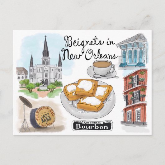 Travel Sketch Postkarte: Beignets in New Orleans Postkarte (Vorderseite)