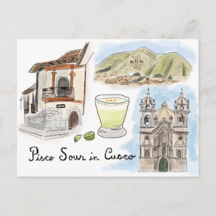 Travel Sketch Postkarte: Pisco Sour in Cusco, Peru Postkarte