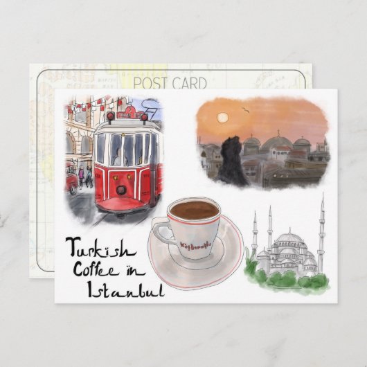 Travel Sketch Postkarte: Türkischer Kaffee in Ista Postkarte (Vorne/Hinten)