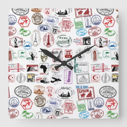 Travel Stamps Pattern Quadratische Wanduhr (Vorderseite)