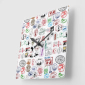 Travel Stamps Pattern Quadratische Wanduhr (Winkel)