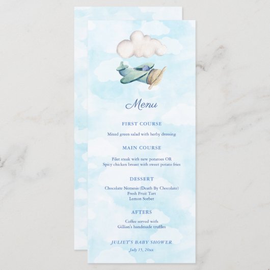 Travel Theme Toy Airplane Baby Boy Dusche Party Menükarte (Vorne/Hinten)