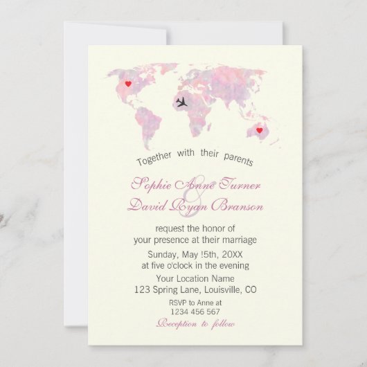 Travel Wedding Watercolor World Map Ivory Einladung (Vorderseite)