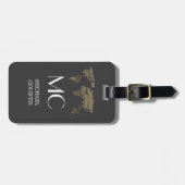 Traveler Wood World Map schwarzer Mit Monogramm Na Gepäckanhänger (Vorderseite horizontal)