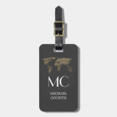 Traveler Wood World Map schwarzer Mit Monogramm Na Gepäckanhänger (Vorderseite vertikal)