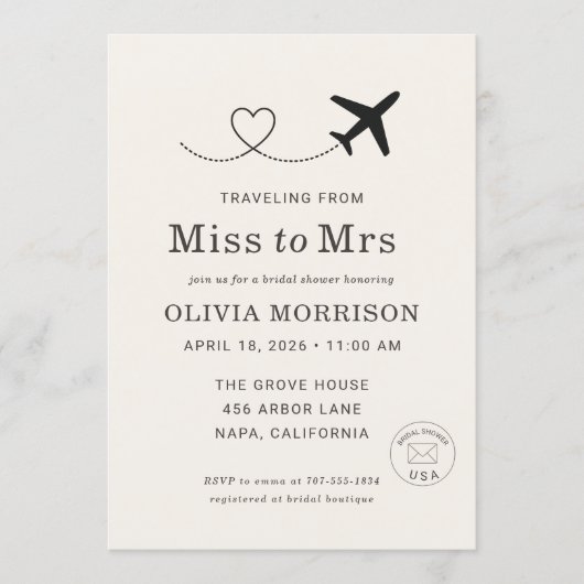 Traveling From Miss to Mrs Bridal Shower Einladung (Vorderseite)