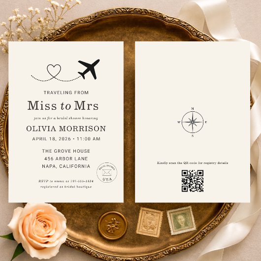 Traveling From Miss to Mrs QR Code Bridal Shower Einladung