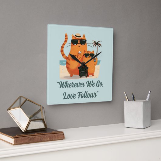 Travelling Cat Love Moment Wall Clock Quadratische Wanduhr (Büro)