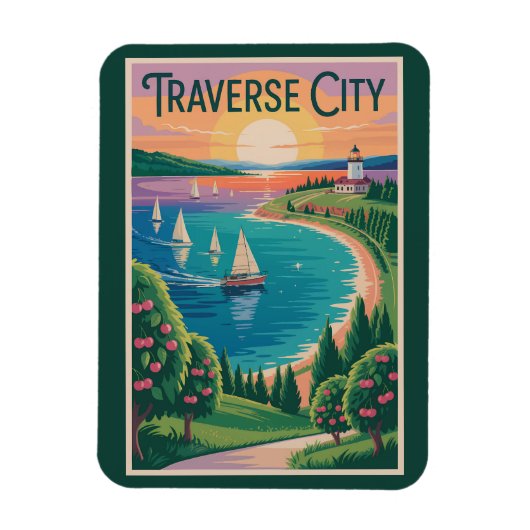 Traverse City Lake Michigan Illustration Magnet (Vertikal)