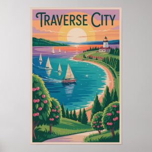 Traverse City Lake Michigan Illustration Reise Poster