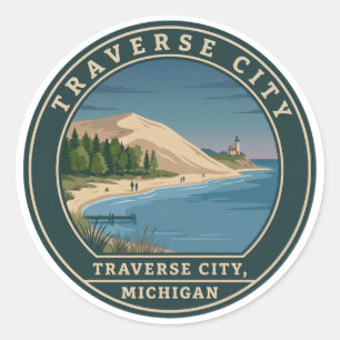 Traverse City Michigan Retro-Sanddünen-Leuchtturm Runder Aufkleber
