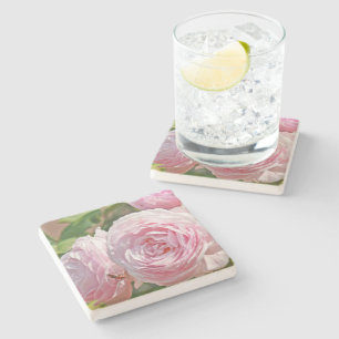 TRAVERTINE STONE UNTERSETZER "PALE PINK ROSES"