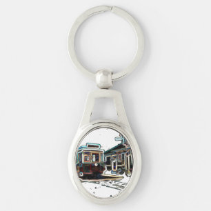 TRC Neon streetcar at stone Oval Metal Schlüsselan Schlüsselanhänger