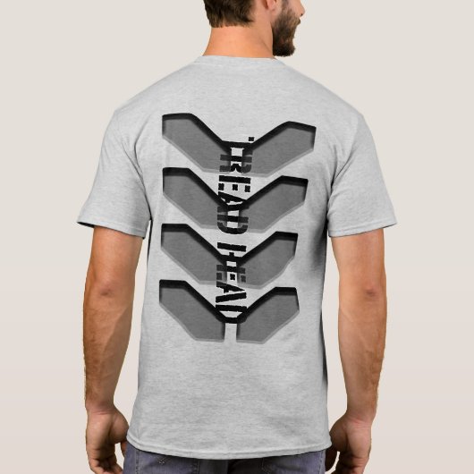 "TREAD HEAD" in grauem T - Shirt (Rückseite)