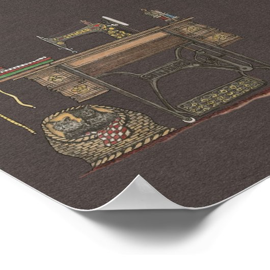 Treadle Nähmaschine & Kätzchen Poster (Ecke)