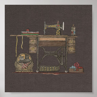 Treadle Nähmaschine & Kätzchen Poster